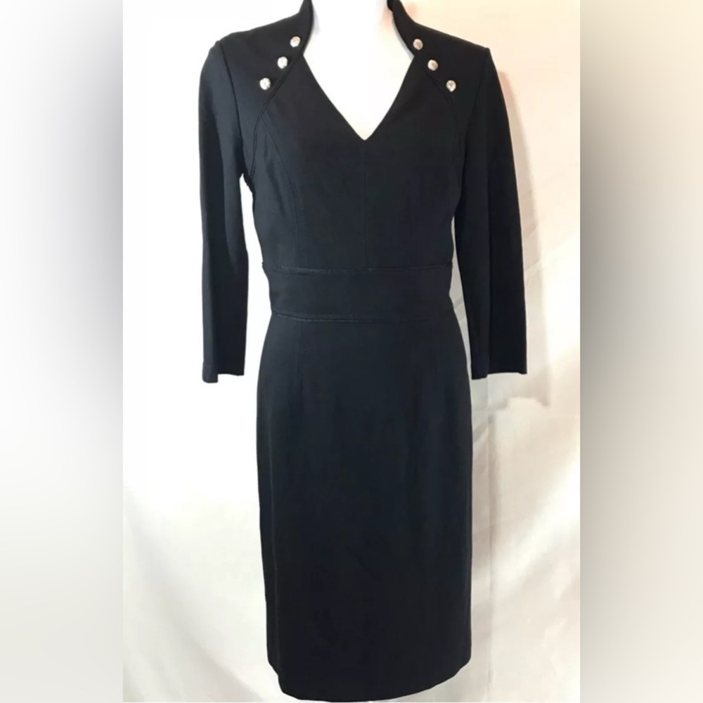 White House Black Market High Collar Ponte Dress Stretch Sheath sz 2 Buttons